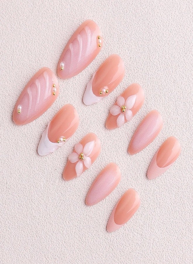 OCOUYVD 24 Pcs Flower Press on Nails Short Almond Reusable Fake Nails with 3D Pearl Design White French Tip Acrylic Nail Kit Glossy Full Cover False Nails Stick on Nail for Women Manicure Art Gifts - Image 3